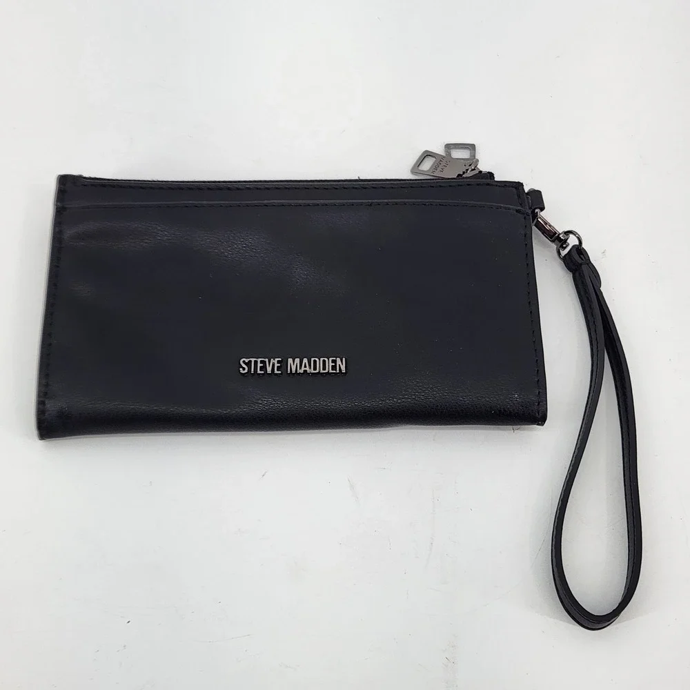 Steve Madden Wristlet Wallet Pouch Black Zip Clutch‎ Faux Leather 8x4.5